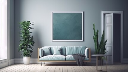  a living room with a couch and a potted plant on the side of the wall and a large picture frame on the wall above the couch.  generative ai