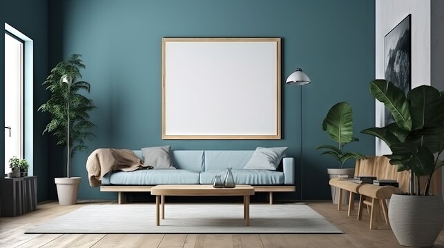  a living room with a blue couch and a wooden coffee table with a plant in it and a large picture frame on the wall above the couch.  generative ai