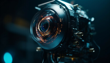 Professional photographer captures close up of shiny chrome machinery indoors generated by AI