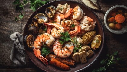 Grilled crustacean plate prawn, scampi, shrimp, mussel, tiger prawn generated by AI
