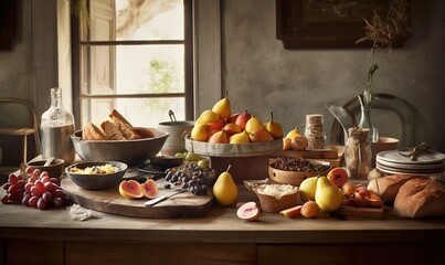 Obraz na płótnie Canvas a table topped with a bowl of fruit and a bowl of bread next to a bowl of fruit and a bowl of bread and a bowl of fruit. generative ai