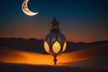 Lantern in the desert at sunset. Ramadan Kareem background. AI generated