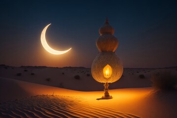 Lantern in the desert at sunset. Ramadan Kareem background. AI generated