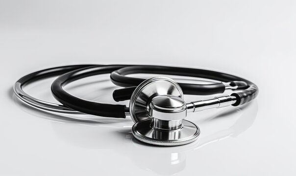  a stethoscope laying on top of a white table next to a black hose on top of a white table top with a white background.  generative ai