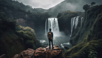 Obraz premium One person hiking mountain peak, backpack, standing, majestic landscape generated by AI