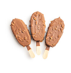 Popsicle, ice cream covered with chocolate isolated on white background.