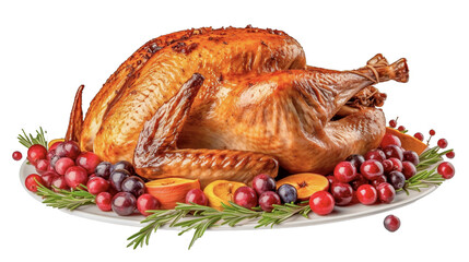 Roasted turkey garnished with cranberries and rosemary on a transparent background. Thanksgiving, traditional dish. Generative AI.