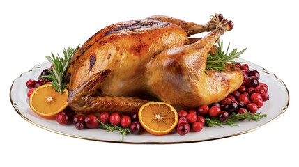 Roasted turkey garnished with cranberries and rosemary on a transparent background. Thanksgiving, traditional dish. Generative AI.