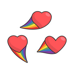Heart icon with rainbow flag comet. Love diversity, pride month symbol.