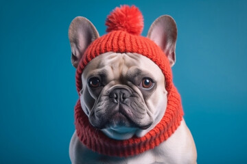 Serious nice cute British French bulldog dog in warm Christmas New Year hat and scarf on color on studio plain blue background