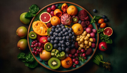 Healthy eating with fresh organic fruit and vegetable variation on wood generated by AI