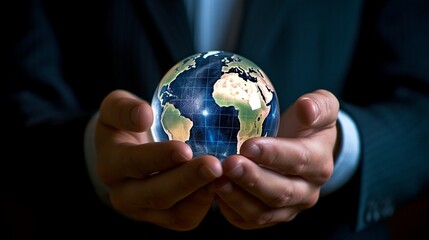Fototapeta premium A businessman holds a global business globe, interconnected with a network, while focusing on digital marketing strategies and innovative solutions. Utilizing business development technology, this ind