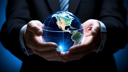A businessman holds a global business globe, interconnected with a network, while focusing on digital marketing strategies and innovative solutions. Utilizing business development technology, this ind
