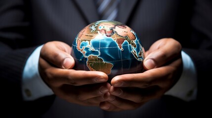 A businessman holds a global business globe, interconnected with a network, while focusing on digital marketing strategies and innovative solutions. Utilizing business development technology, this ind