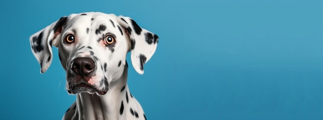 Website banner of dalmatian pet with a happy face at funny birthday party wearing colourful hat yellow background. Holidays celebrations concept. Advertising postcards. Generative AI Technology