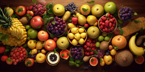 Overhead Shot of Vibrant and Arranged Fruits a Captivating on a Table - Perfect for Culinary Themes, Food Blogs, and Healthy Lifestyle Concepts. Generative AI