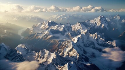 Stunning mountains range covered in a pristine blanket of snow, with jagged peaks piercing through the clouds