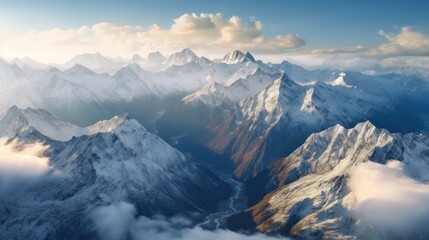 Obraz premium Stunning mountains range covered in a pristine blanket of snow, with jagged peaks piercing through the clouds