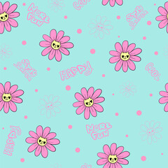 Fototapeta na wymiar Seamless background with flowers in the center of which the muzzle of a cat. Cute cat faces in flowers repeat print. Endless floral ornament with cartoon smiling kitten drawing in 70s style.