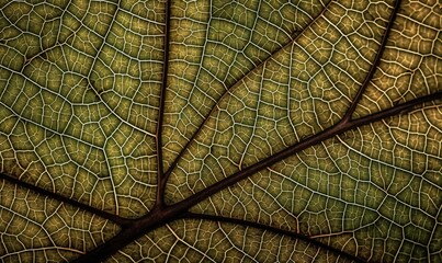  a close up view of a leaf's green and brown veining pattern on it's underside, with a black line in the middle of the center of the leaf.  generative ai