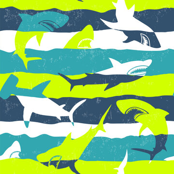 Abstract seamless pattern with shark silhouette on line background. Sharks silhouette repeat ornament on linear grungy wall. Big fish predator repeat print for sport textile or wrapping paper.