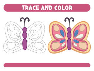 Trace and color cute butterfly. Worksheet for kids 