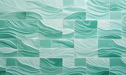  a close up of a tile wall with wavy blue tiles on it's sides and a green background with white waves on the tiles.  generative ai
