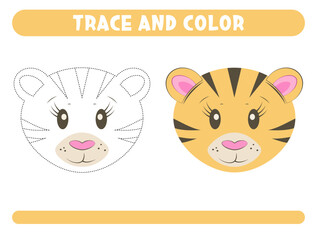 Trace and color cute tiger. Worksheet for kids 