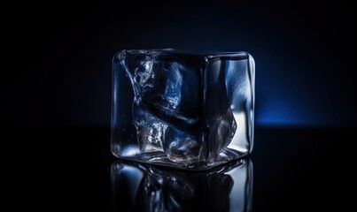  an ice cube with a person sitting on top of it in the middle of a dark room with a blue light coming from behind it.  generative ai