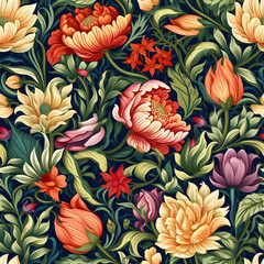 Seamless pattern, colorful flowers close-up in vintage style.