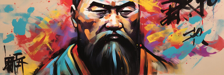 Multicolor modern painting art of Confucius, banner, generative AI