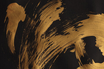 Art hand drawn oil and acrylic smear blot canvas painting. Abstract texture gold glitter and black color stain brushstroke texture background.