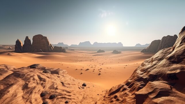 Vast desert landscape with shifting sand dunes, mysterious rock formations, and a sense of solitude and mystery