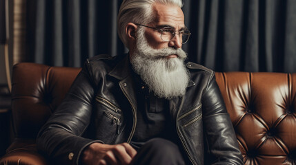 A fashionable senior with a trendy beard and a leather jacket, effortlessly blending modern style with timeless charm Generative AI