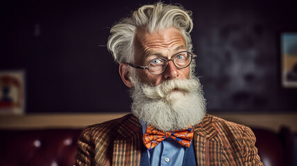 A charismatic older gentleman with a salt-and-pepper beard and a vibrant bowtie, emanating a sense of wisdom and individuality Generative AI