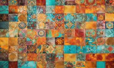  a painting of many different colors and shapes on a wall with a pattern of flowers and leaves on the bottom half of the picture, and bottom half of the picture.  generative ai