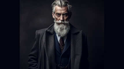 A seasoned gentleman with a distinguished gray beard and a tailored overcoat, exuding sophistication and a refined sense of style Generative AI - obrazy, fototapety, plakaty