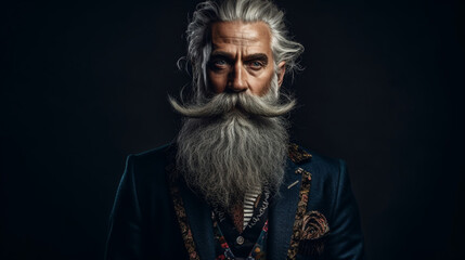 A fashion-forward older gentleman with a unique and creative beard design, showcasing a bold sense of individuality and artistic expression Generative AI