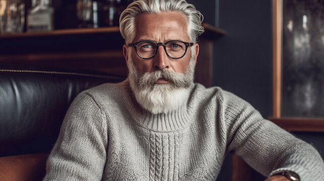 A stylish grandpa with a well-maintained beard and a cozy knit sweater, capturing the perfect balance of comfort and fashion Generative AI