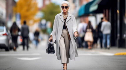 A stylish and confident older woman striding down a bustling city street, effortlessly combining sophistication and modern trends in her ensemble Generative AI