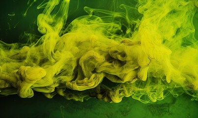  a green and yellow substance is seen in this image of smoke on a black background, with a green background and a yellow substance in the middle of the image.  generative ai