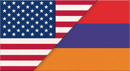 Flags of USA and Armenia. USA and Azerbaijani relations. Political concept