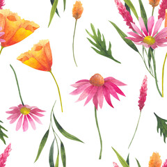 Fototapeta na wymiar Floral seamless pattern with abstract wildflowers, plants and delicate branches, watercolor print isolated on white background for textile or wallpapers, illustration in provence style.