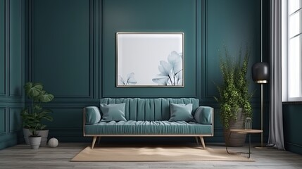 Obraz na płótnie Canvas a living room with green walls and a blue couch and a potted plant in front of a window with a picture frame on the wall. generative ai