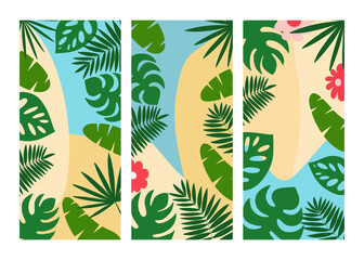 Tropical leaves templates for social network stories vector set. Vector vertical modern stories with tropical jungle leaves