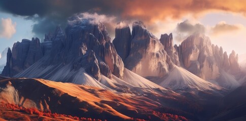 Panorama of mountains at sunset. Created with Generative AI tools
