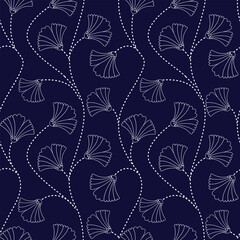Vector classic vintage porcelain blue royal hand drawn elegant floral seamless pattern with line art and cutout florals on white background. Nature background. Surface pattern design.