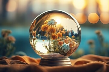 Crystal ball with dry flowers on blurred background. Created with Generative AI tools