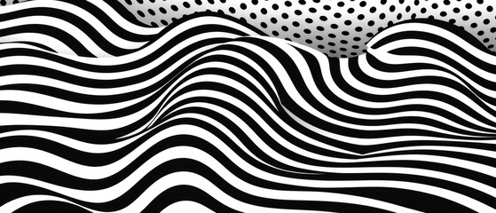 Black and white graphic pattern of straight lines with dots with light rays in the middle, comic book noir patterns, wavy halftone textures. 
