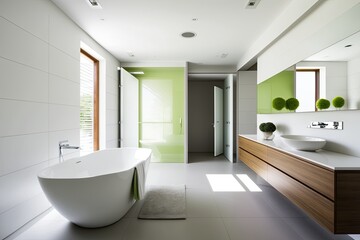 Obraz na płótnie Canvas modern bathroom with a spacious bathtub and sleek sink. Generative AI